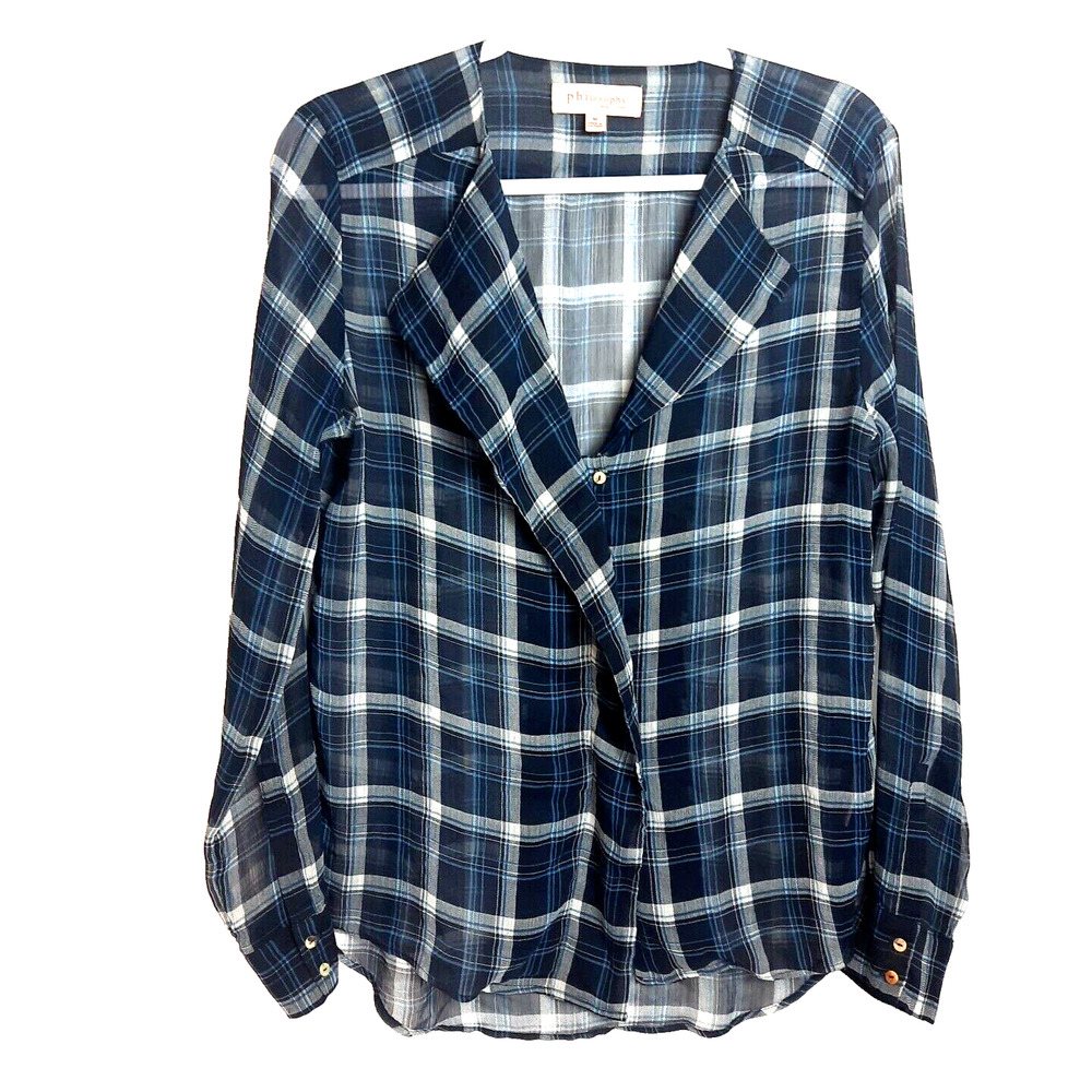 Philosophy Chiffon Plaid Sheer Button Front High Low Top Medium Navy Grunge Goth